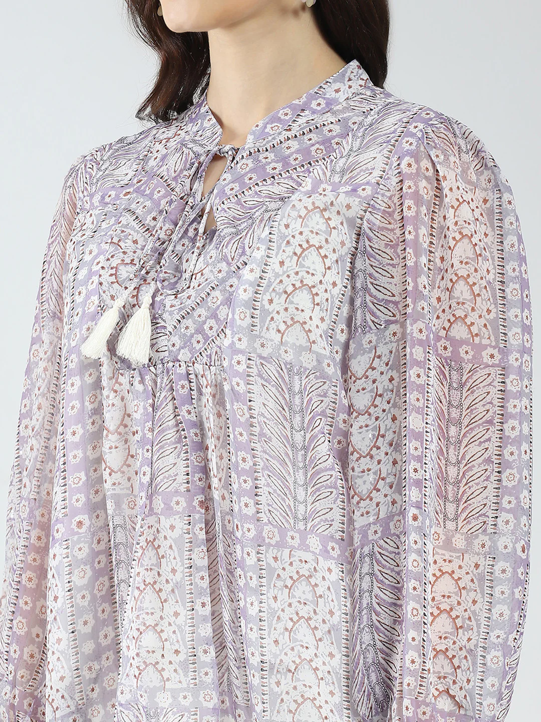 Women Purple Printed Band Neck Full Sleeve Top - Image 7
