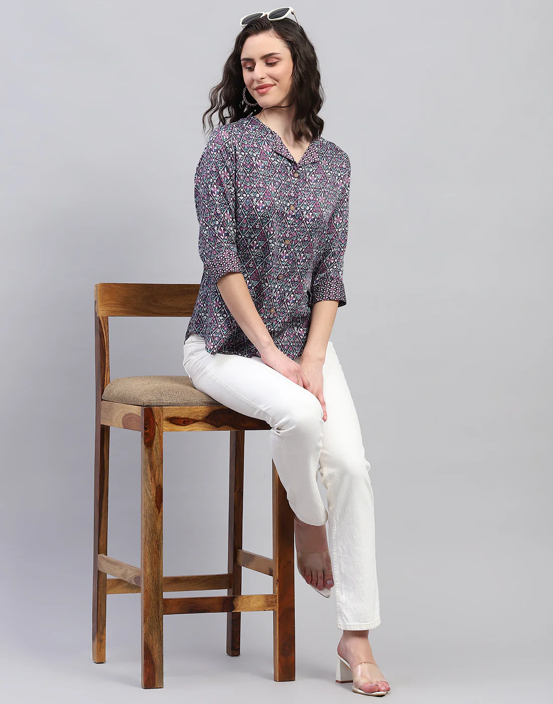 Women Purple Printed Collar Neck 3/4 Sleeve Top - Image 3