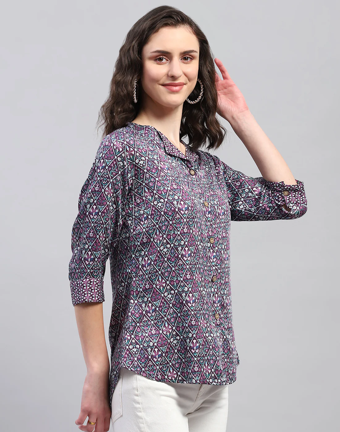 Women Purple Printed Collar Neck 3/4 Sleeve Top - Image 5