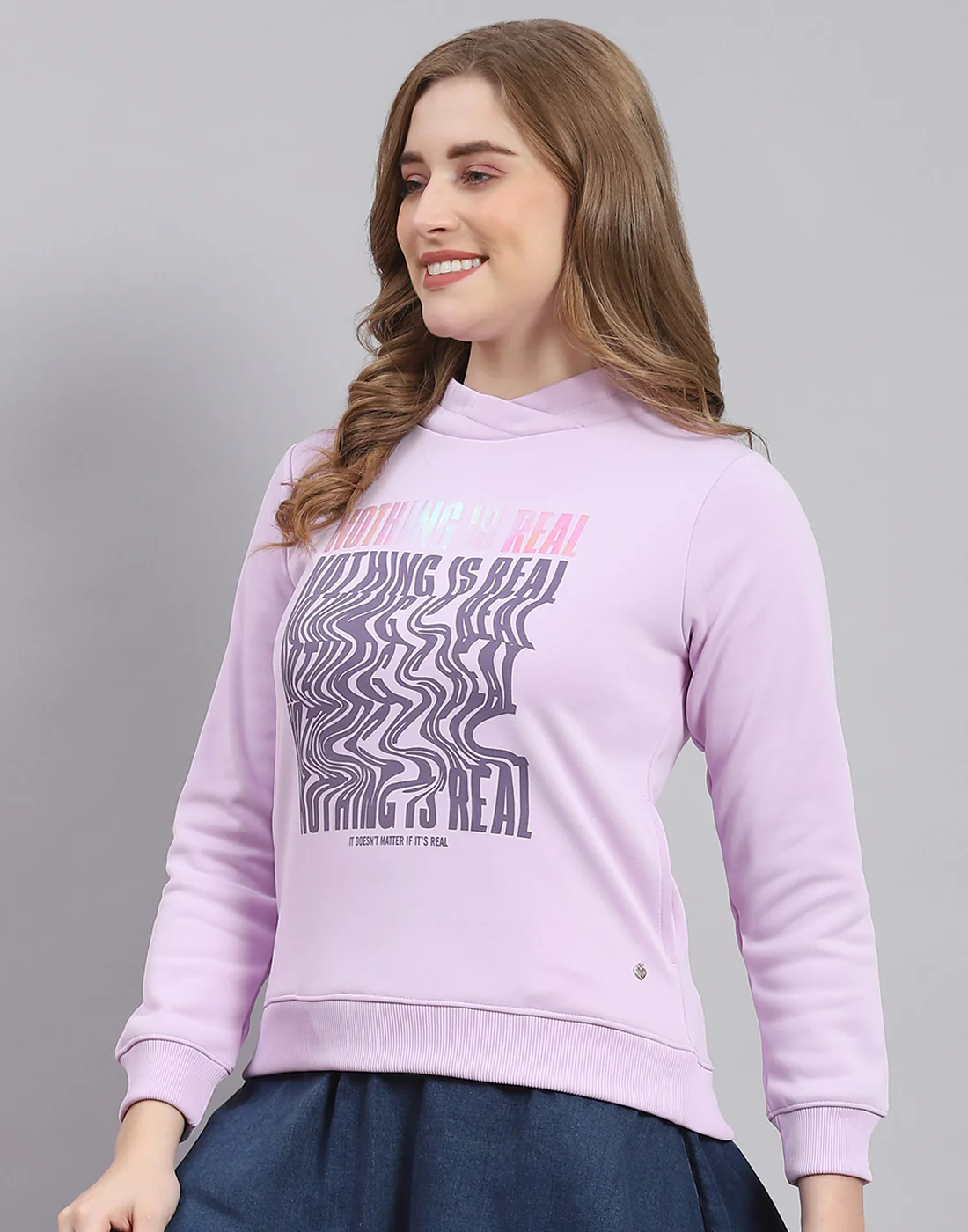 Women Purple Printed H Neck Full Sleeve Sweatshirt - Image 3