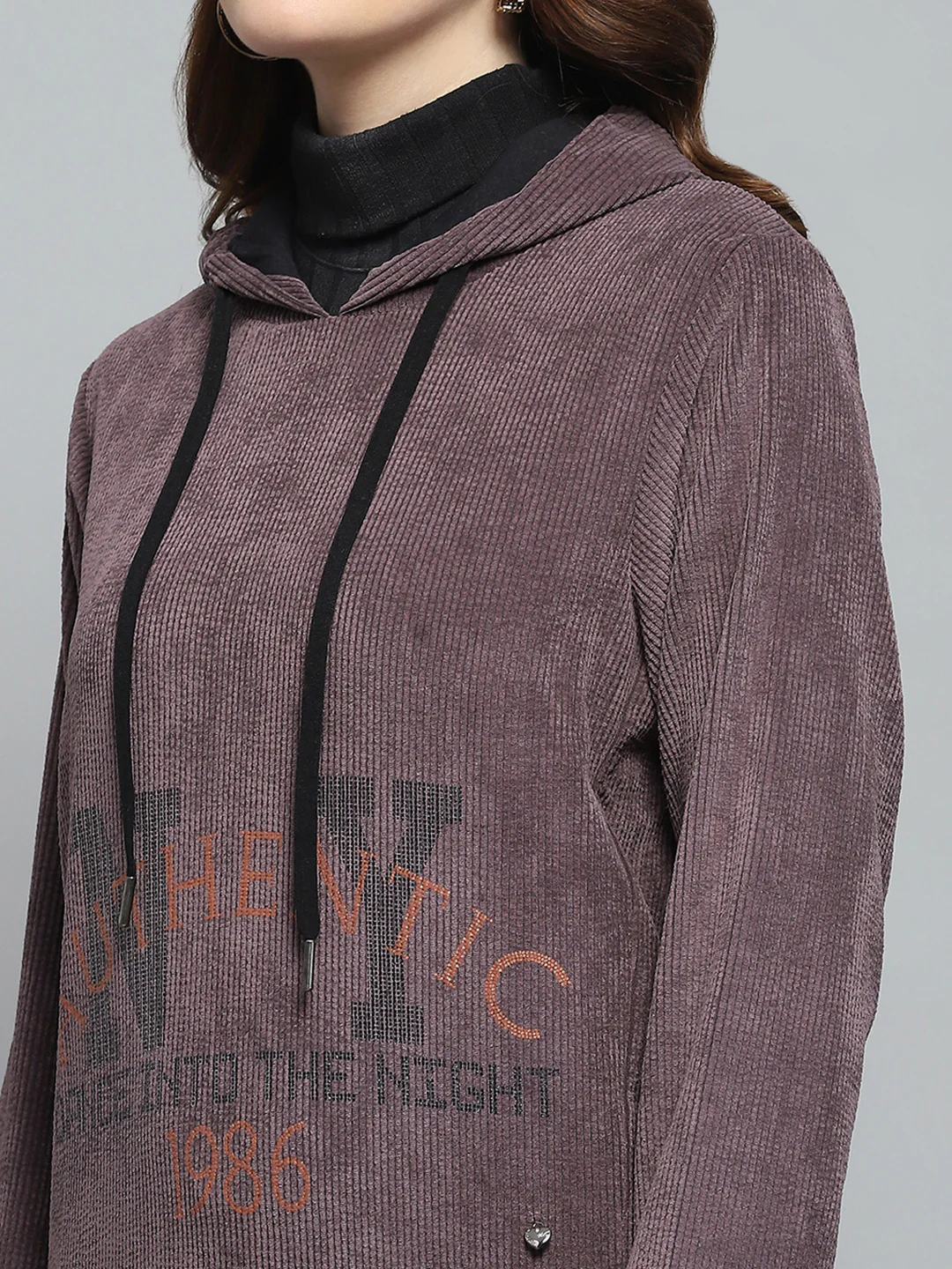 Women Purple Printed Hooded Full Sleeve Sweatshirt - Image 6