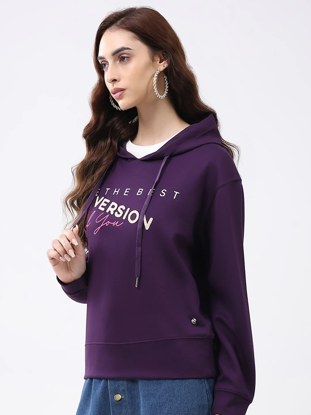 Women Purple Printed Hooded Full Sleeve Winter Top - Image 3