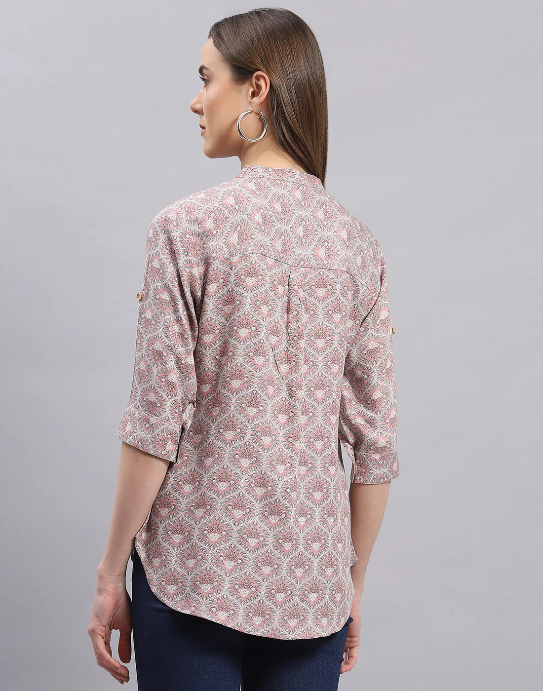 Women Purple Printed Mandarin Collar 3/4 Sleeve Top - Image 6