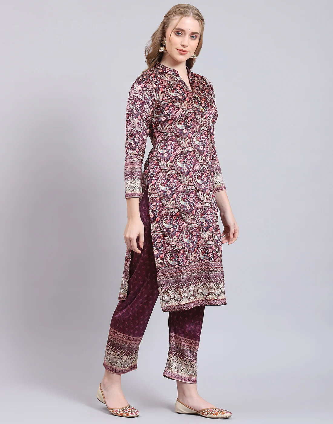 Women Purple Printed Mandarin Collar 3/4th Sleeve Kurtis Set - Image 4