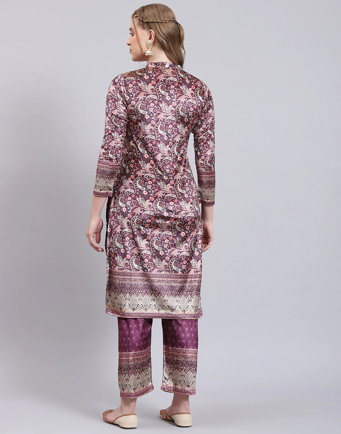 Women Purple Printed Mandarin Collar 3/4th Sleeve Kurtis Set - Image 6