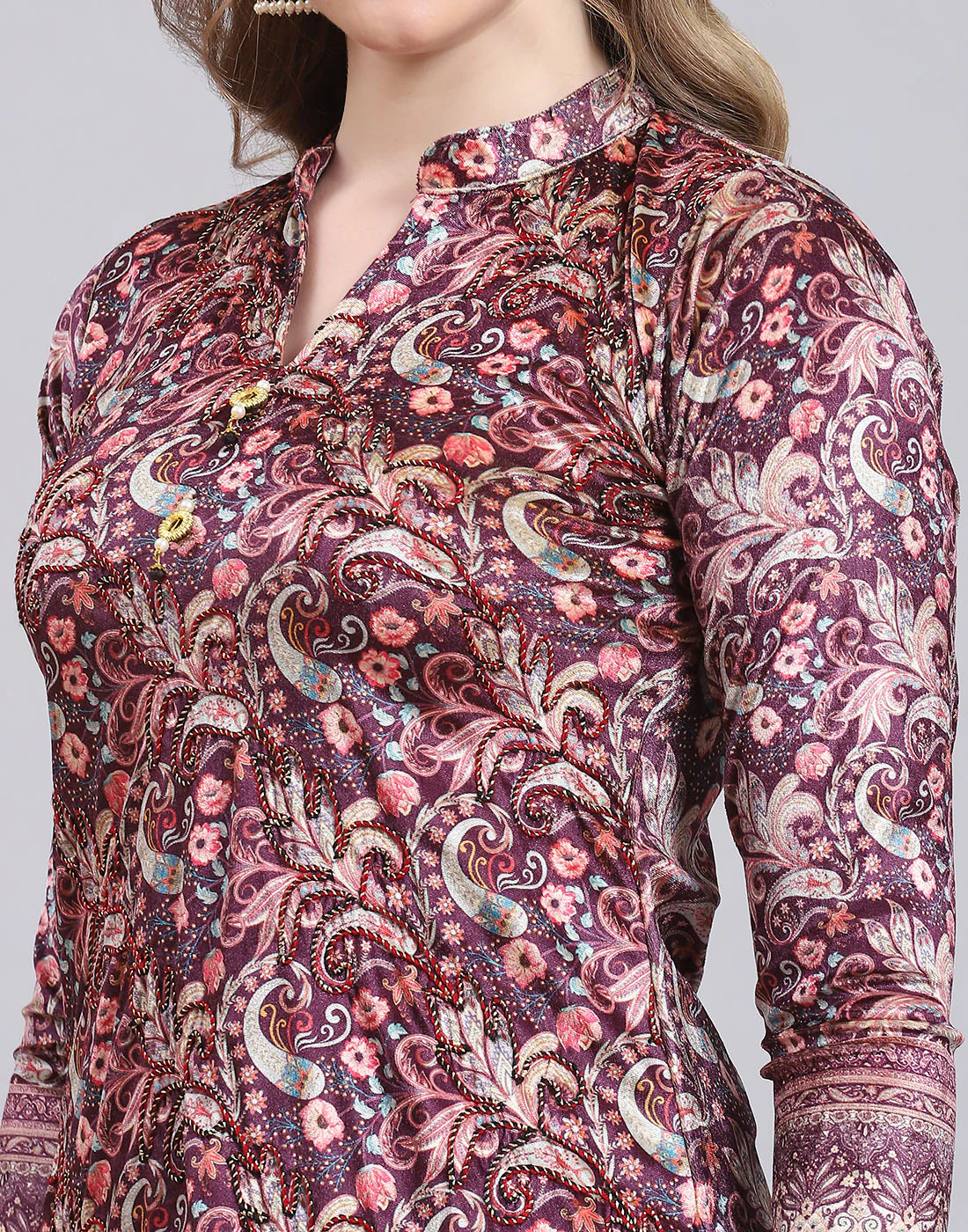 Women Purple Printed Mandarin Collar 3/4th Sleeve Kurtis Set - Image 7