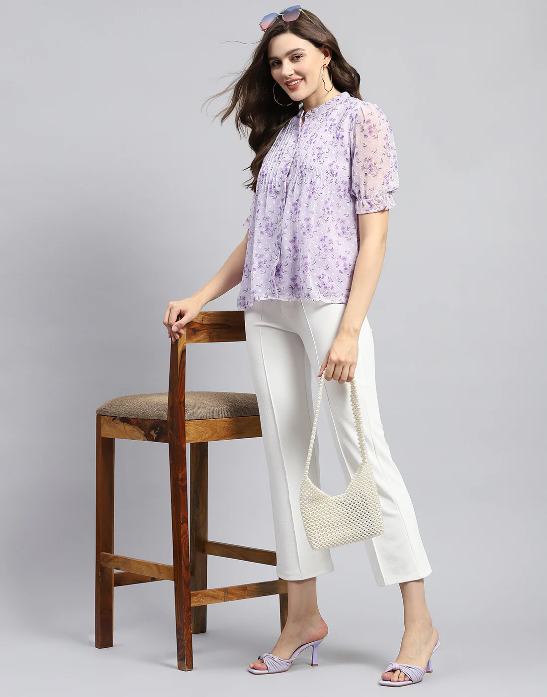 Women Purple Printed Mandarin Neck Half Sleeve Top - Image 2