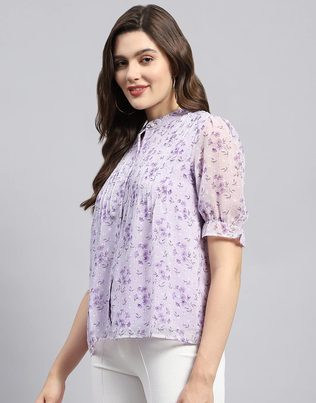 Women Purple Printed Mandarin Neck Half Sleeve Top - Image 3