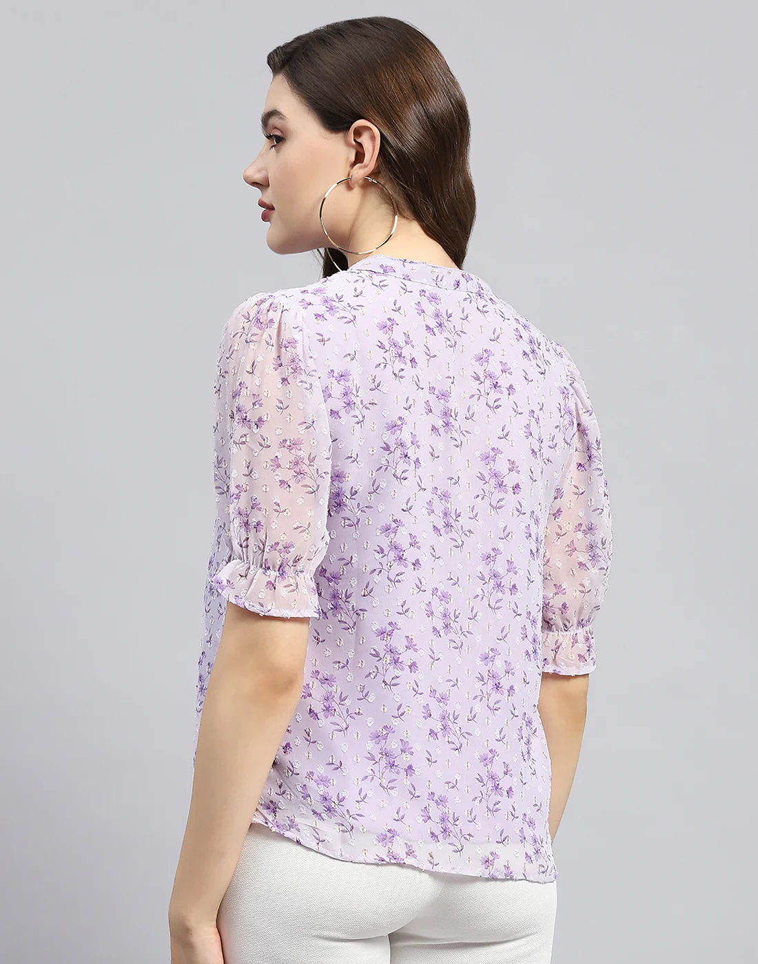 Women Purple Printed Mandarin Neck Half Sleeve Top - Image 5