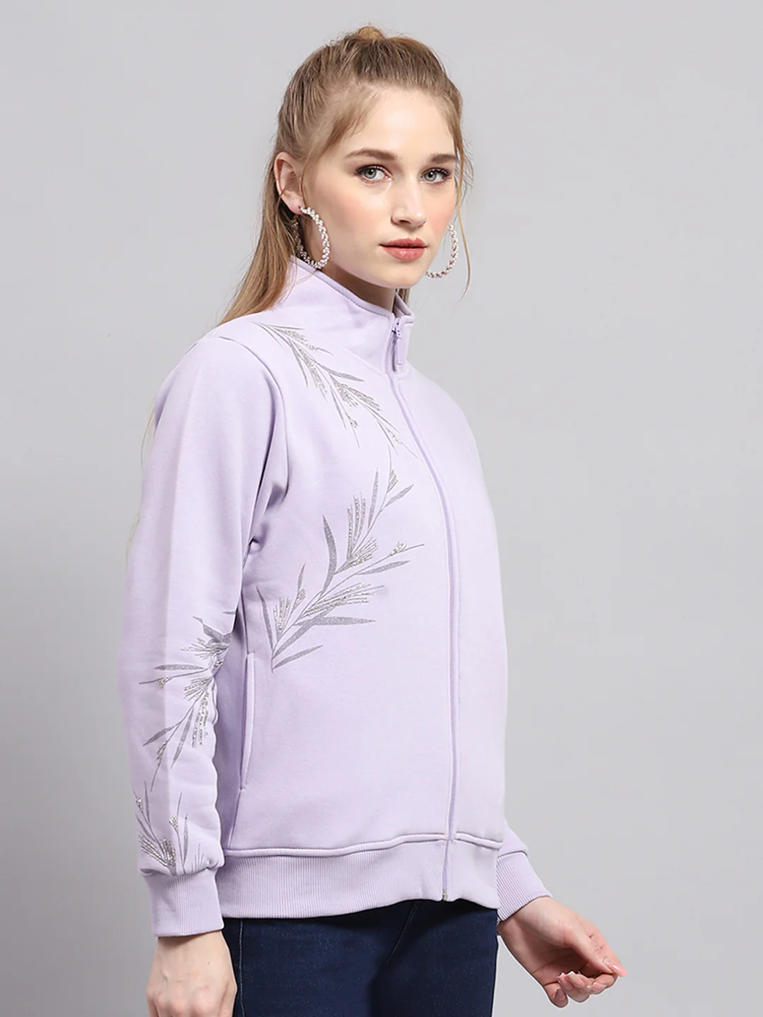 Women Purple Printed Mock Neck Full Sleeve Sweatshirt - Image 4