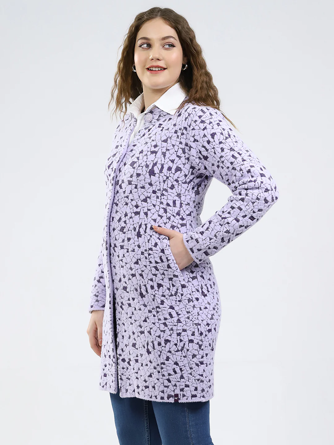 Women Purple Printed Round Neck Full Sleeve Knitted Coat - Image 3