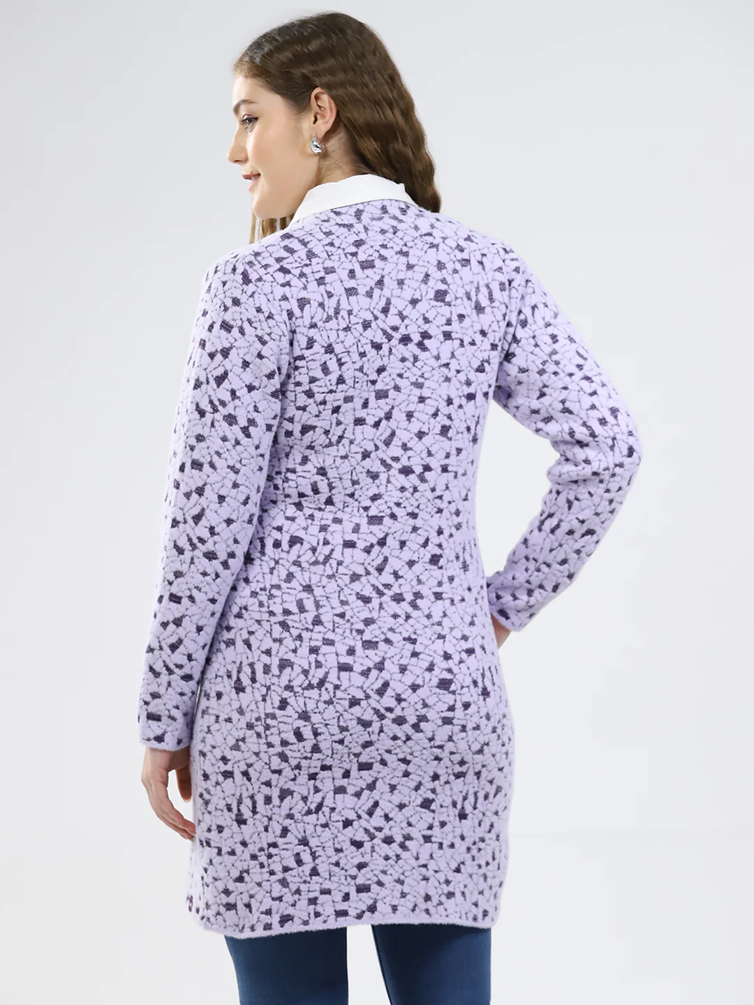 Women Purple Printed Round Neck Full Sleeve Knitted Coat - Image 5