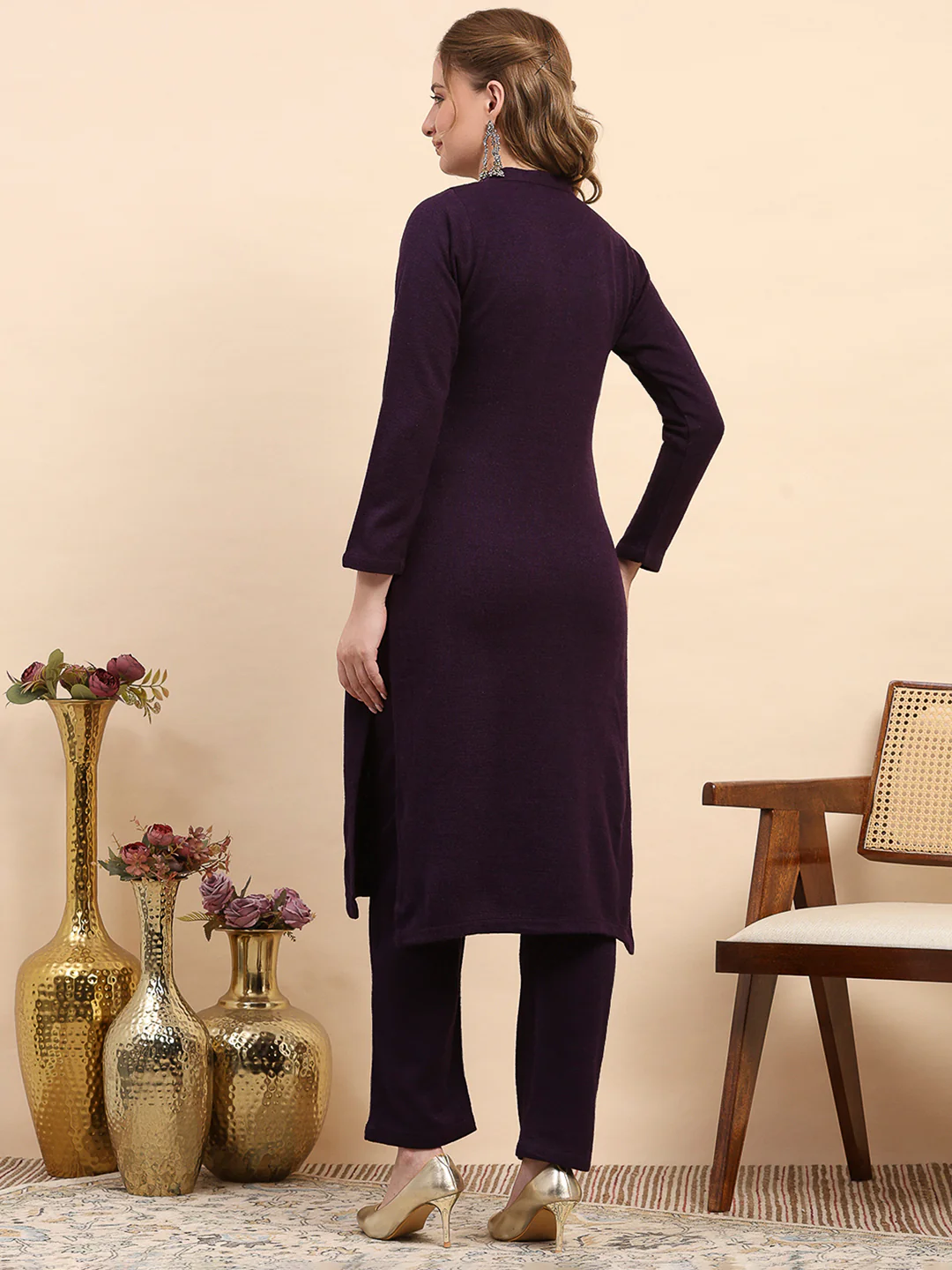 Women Purple Printed Round Neck Full Sleeve Kurti Set for Winter - Image 5