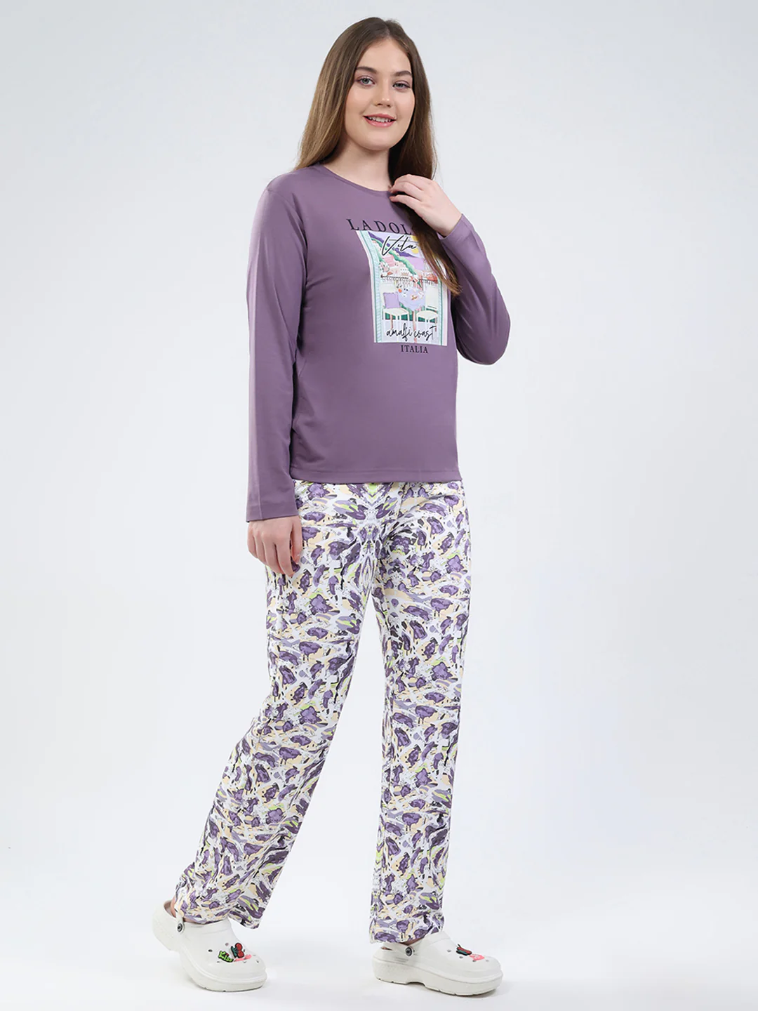 Women Purple Printed Round Neck Full Sleeve Lower Set - Image 4