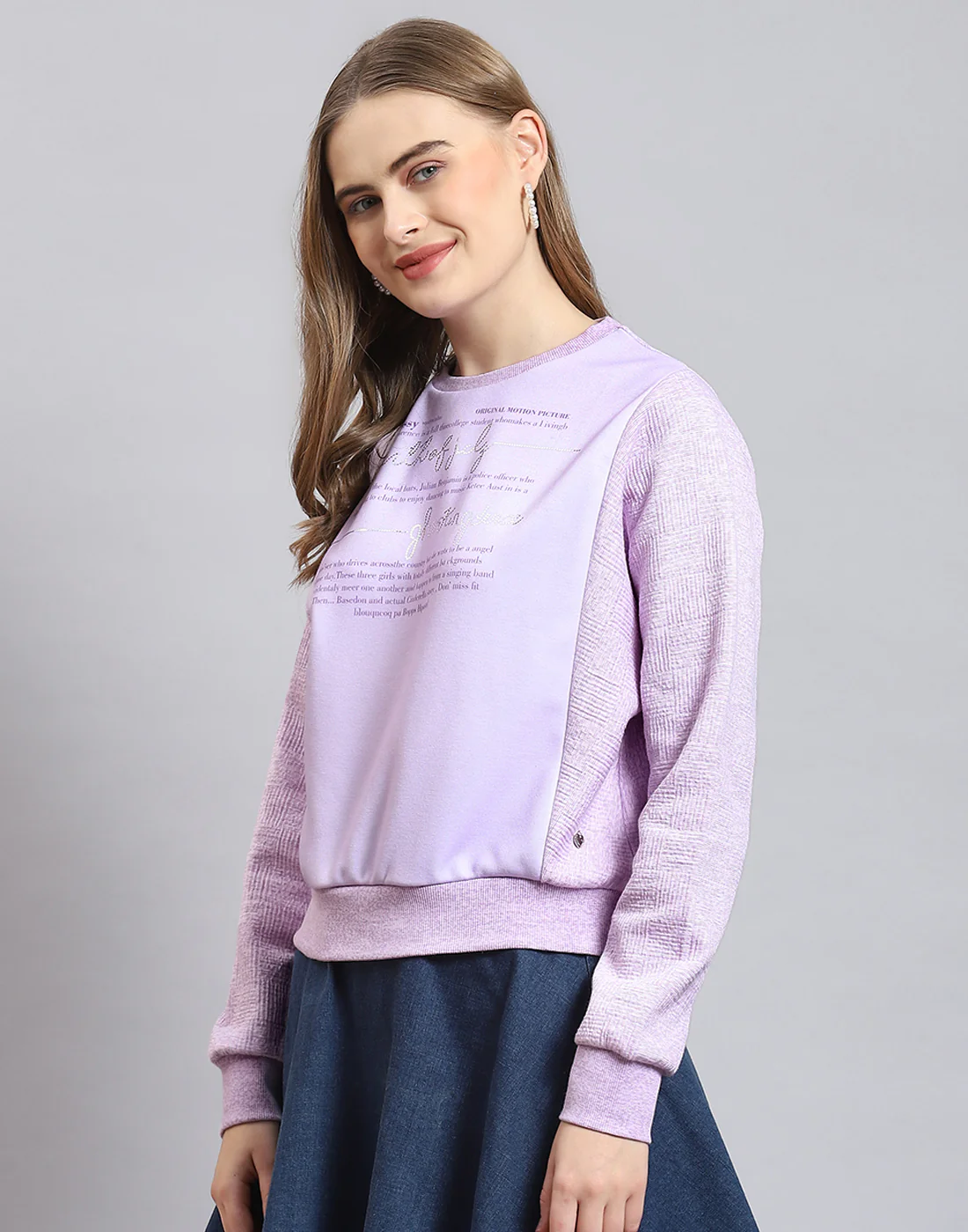 Women Purple Printed Round Neck Full Sleeve Sweatshirt - Image 3