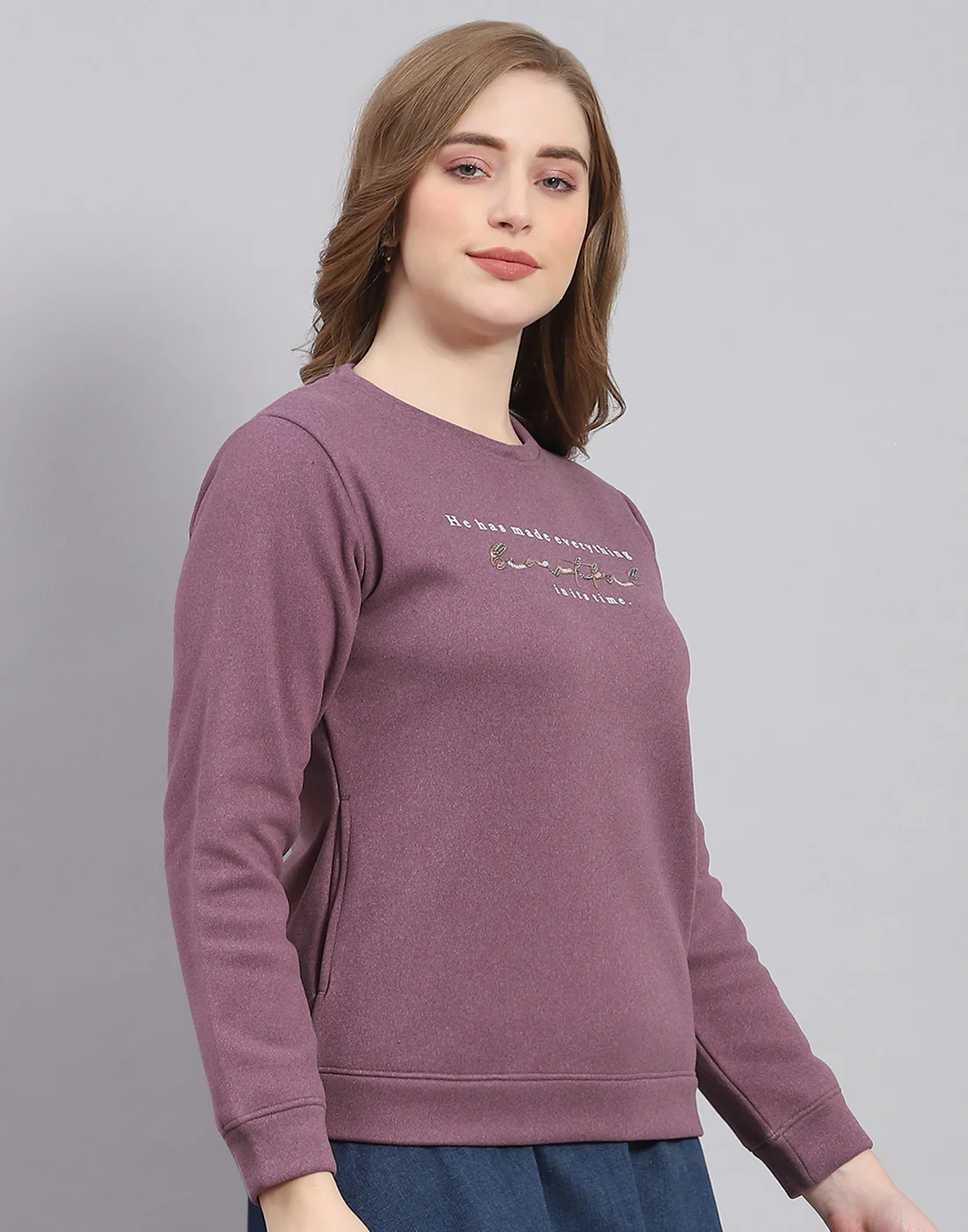 Women Purple Printed Round Neck Full Sleeve Sweatshirt - Image 4