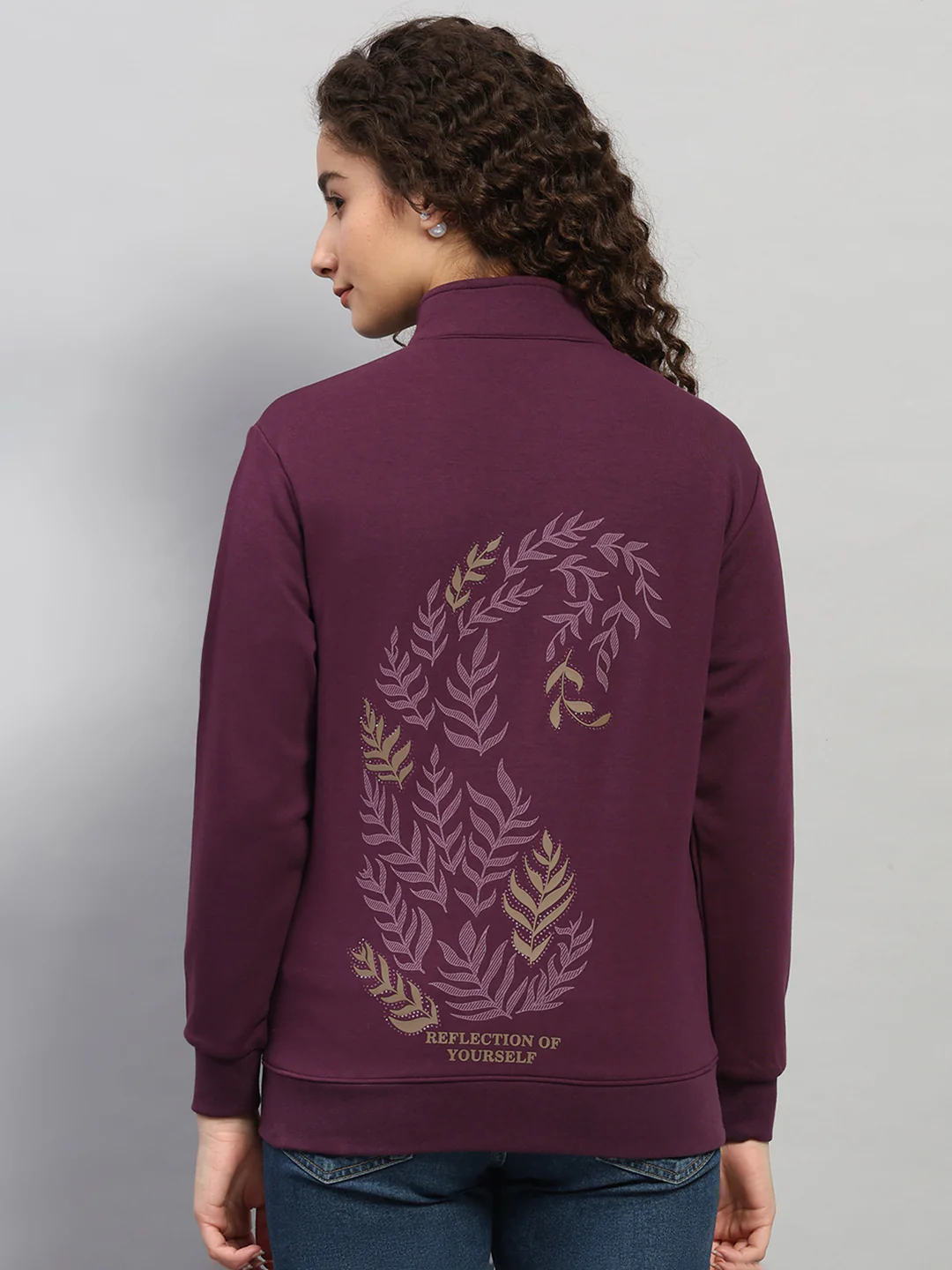 Women Purple Printed Round Neck Full Sleeve Sweatshirt - Image 5