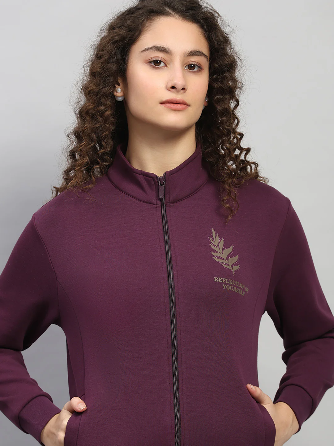Women Purple Printed Round Neck Full Sleeve Sweatshirt - Image 6