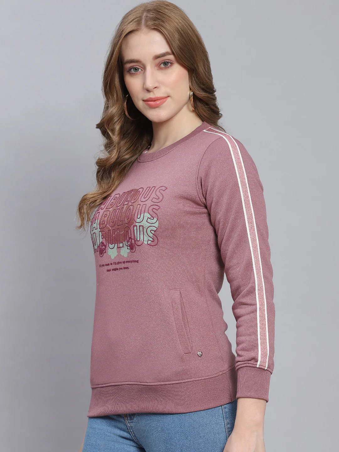 Women Purple Printed Round Neck Full Sleeve Sweatshirts - Image 3