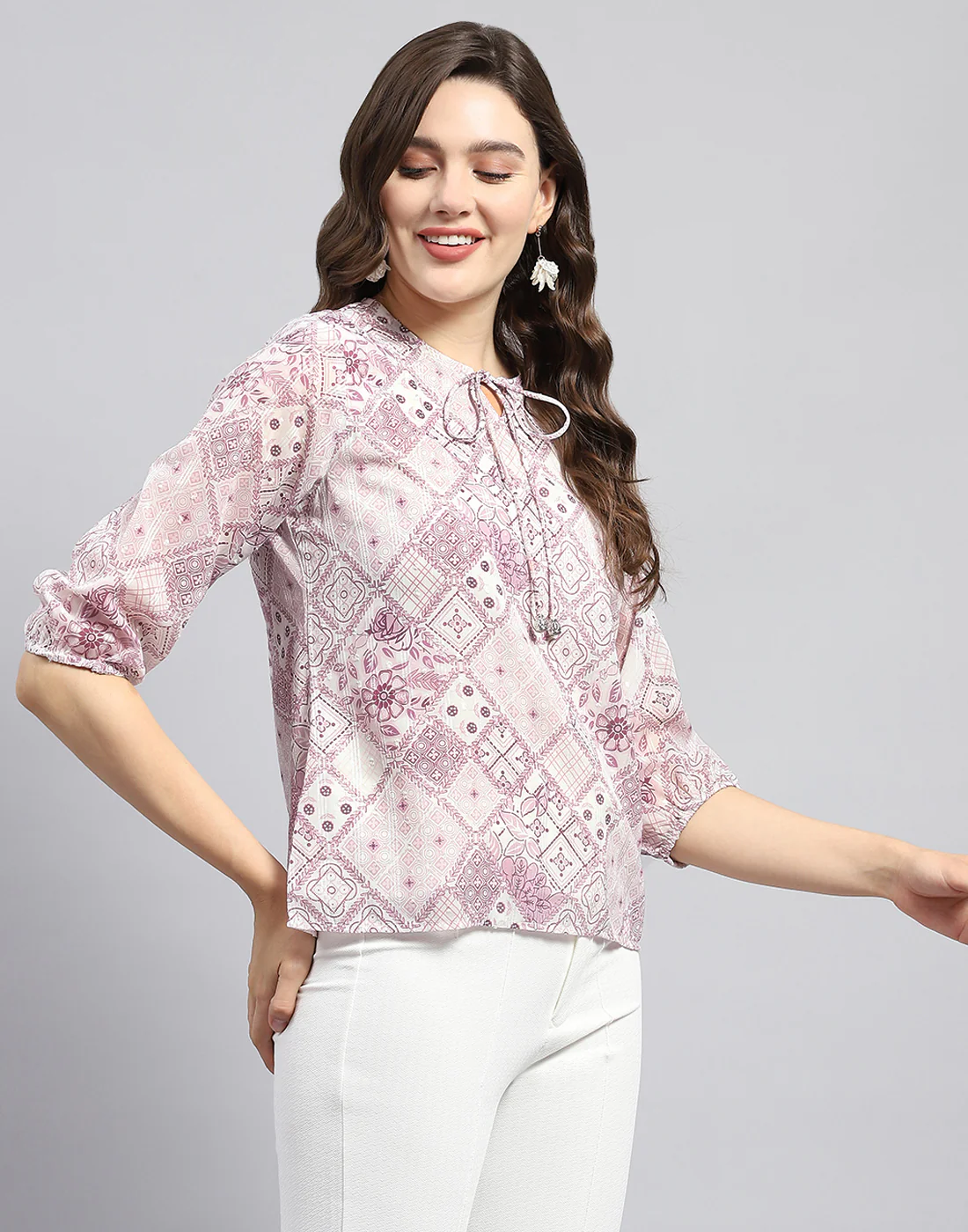 Women Purple Printed Round Neck Full Sleeve Top - Image 4