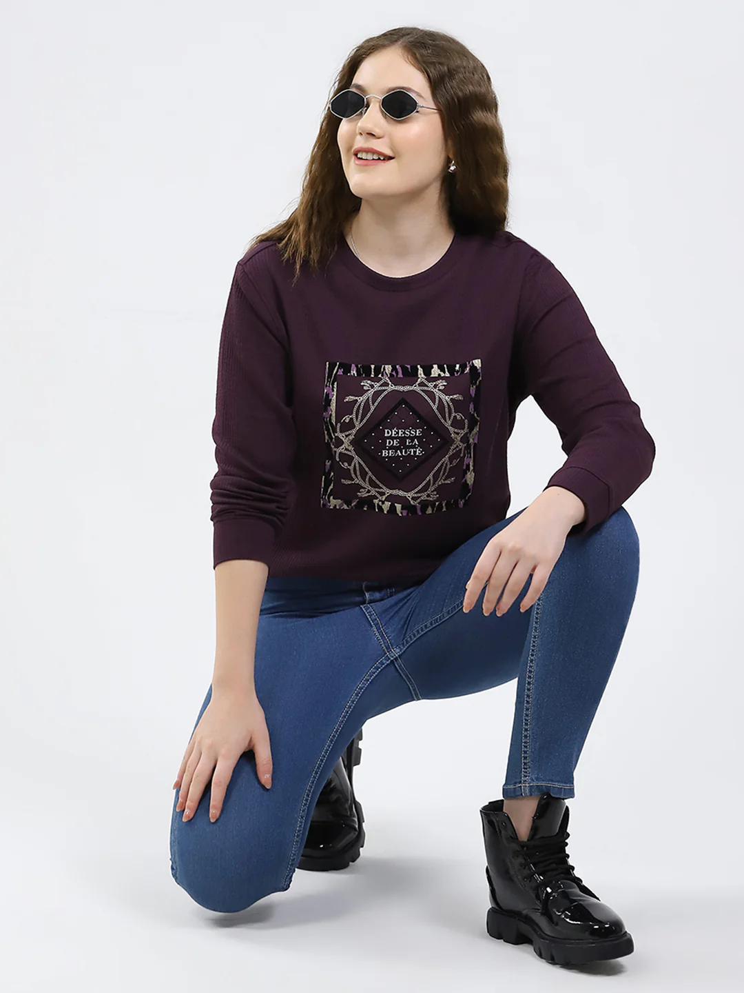 Women Purple Printed Round Neck Full Sleeve Winter Top - Image 2