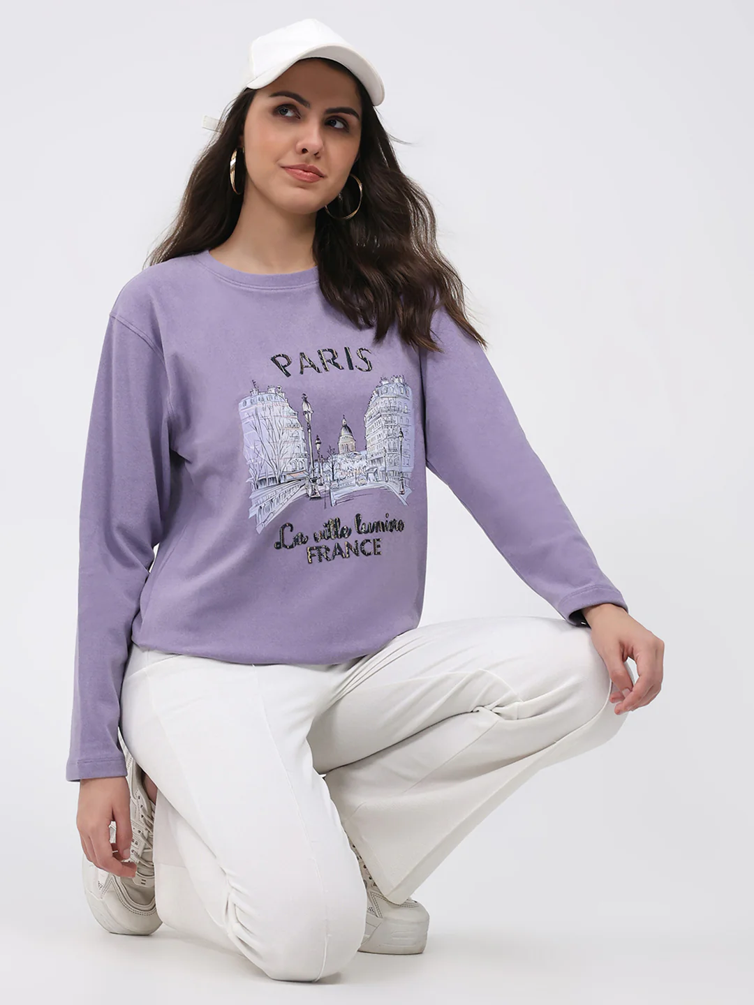 Women Purple Printed Round Neck Full Sleeve Winter Top - Image 2
