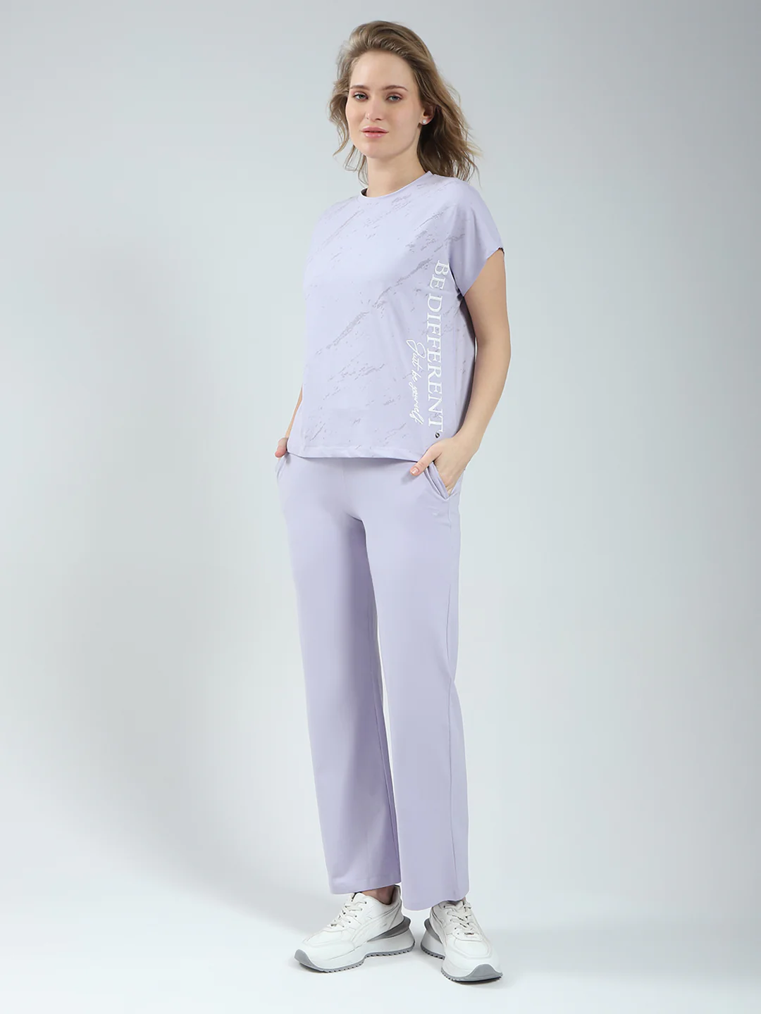 Women Purple Printed Round Neck Half Sleeve Lower Set - Image 3