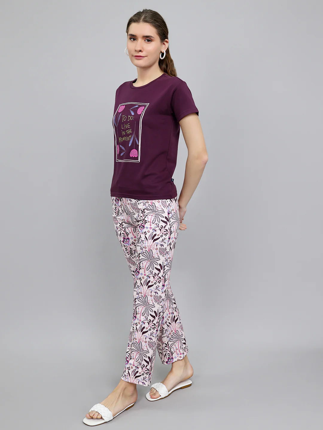 Women Purple Printed Round Neck Half Sleeve Lower Set - Image 2