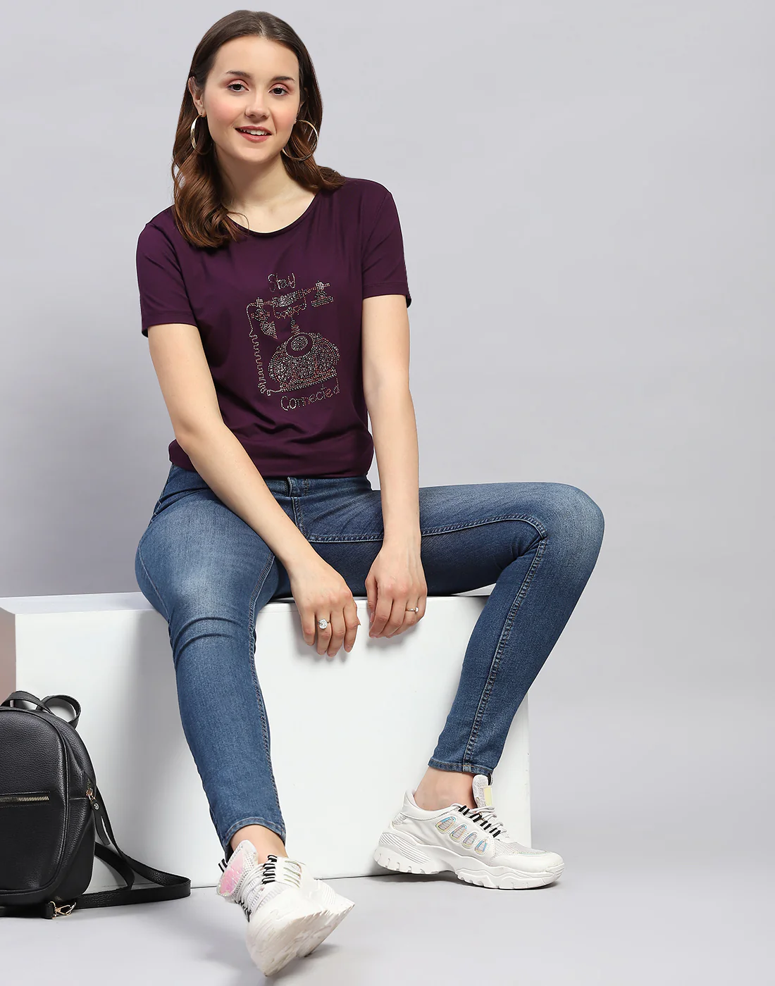 Women Purple Printed Round Neck Half Sleeve Top - Image 2