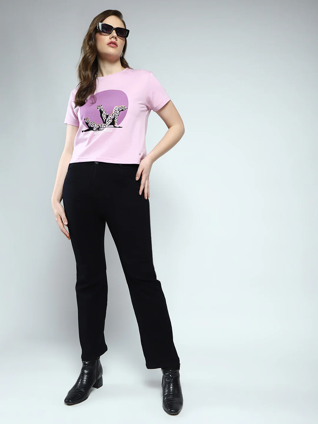 Women Purple Printed Round Neck Half Sleeve Top - Image 2