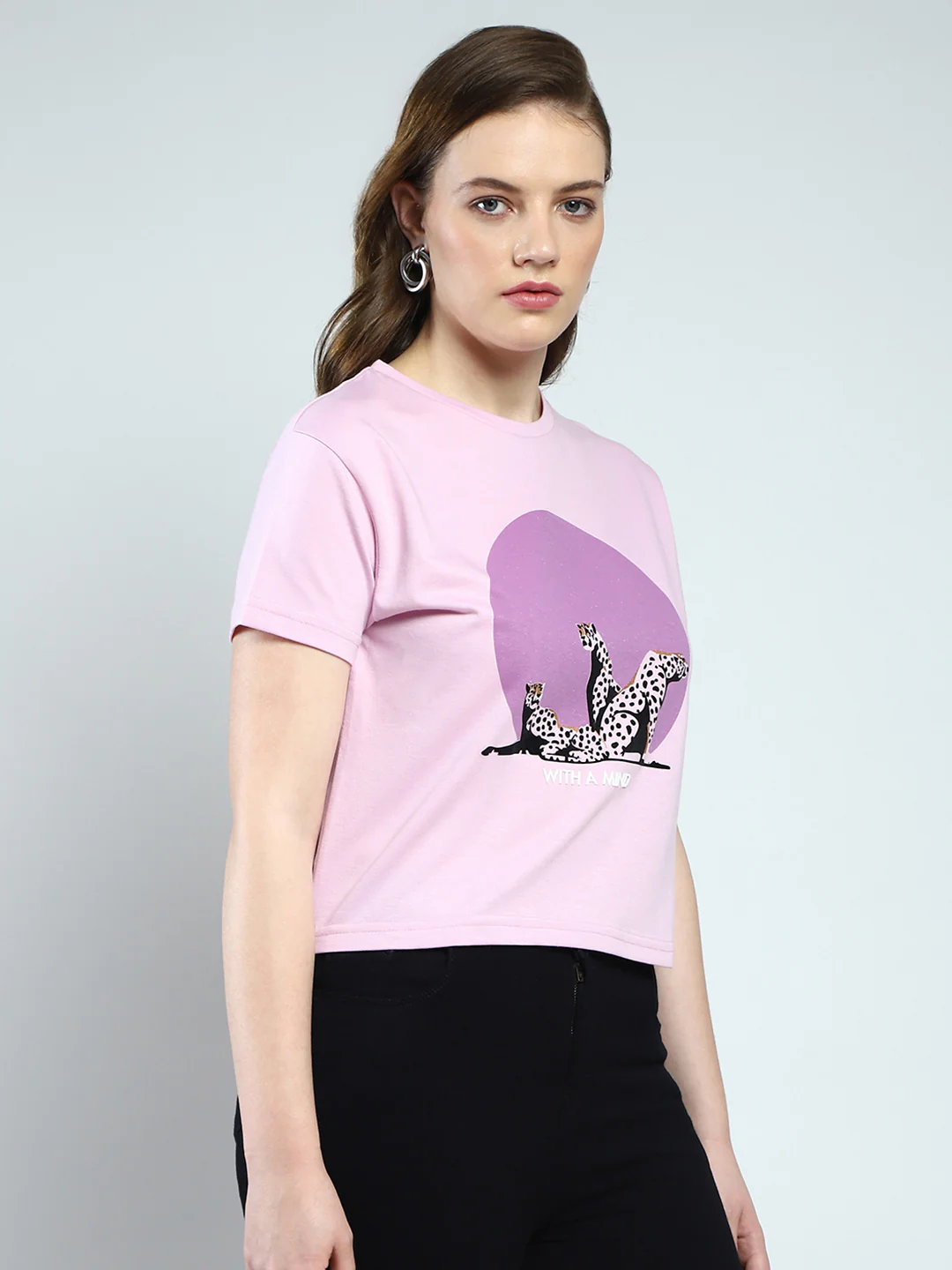 Women Purple Printed Round Neck Half Sleeve Top - Image 4