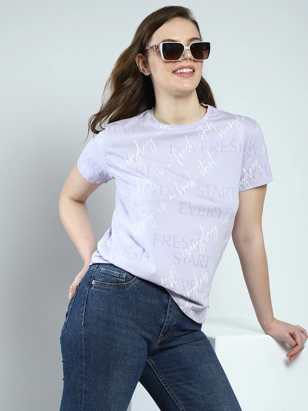 Women Purple Printed Round Neck Half Sleeve Top - Image 6