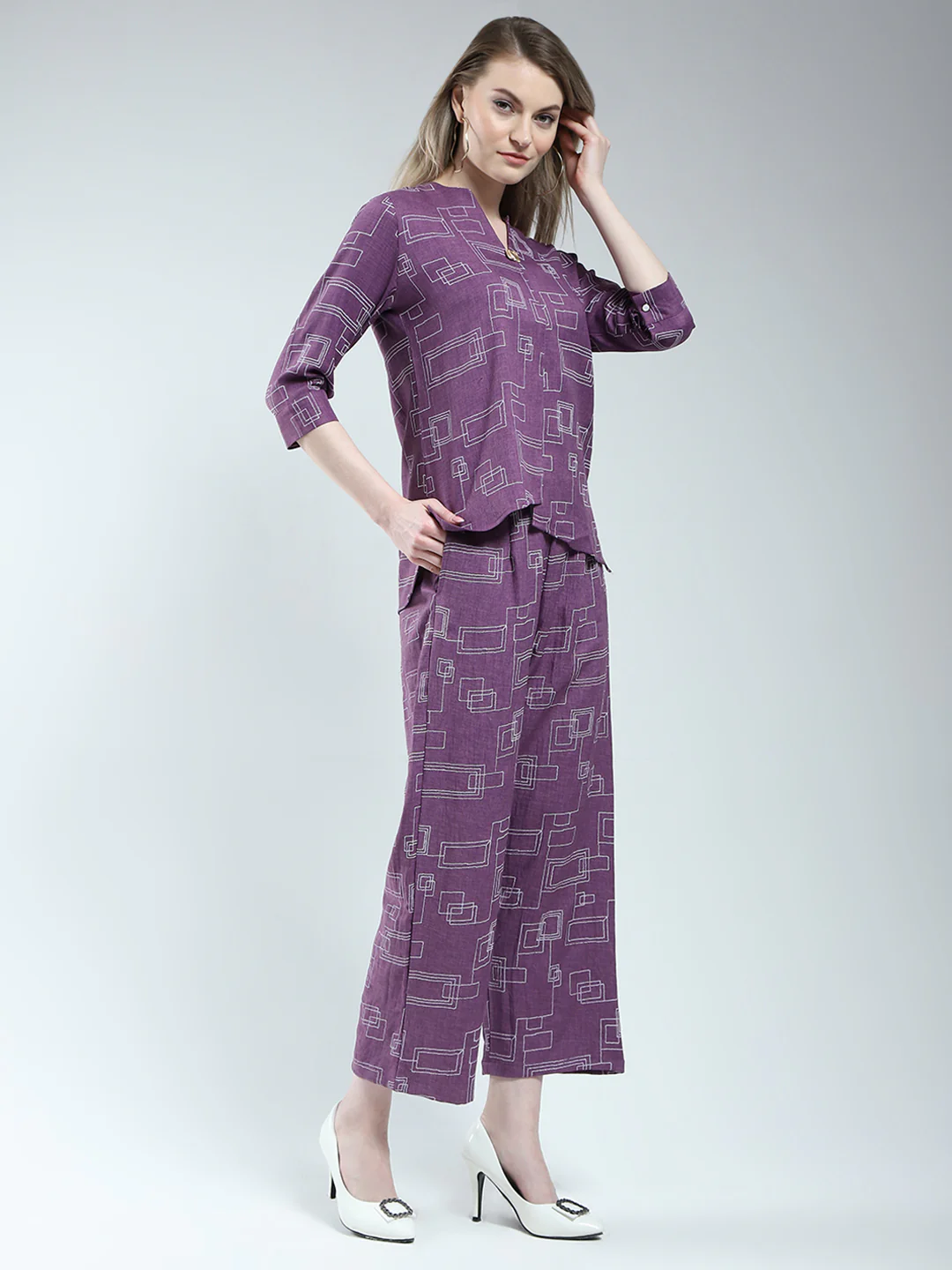 Women Purple Printed Round Neck 3/4th Sleeve Cords Set - Image 5