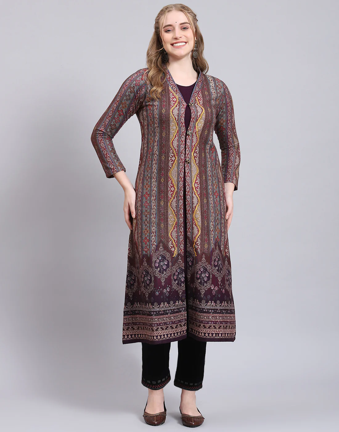Women Purple Printed V Neck Full Sleeve Kurtis Set - Image 2