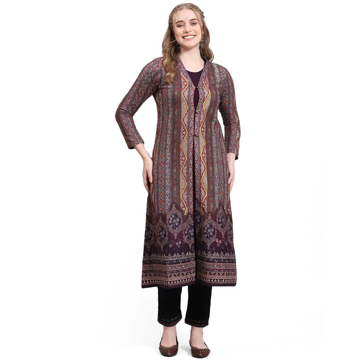 Women Purple Printed V Neck Full Sleeve Kurtis Set - Image 5