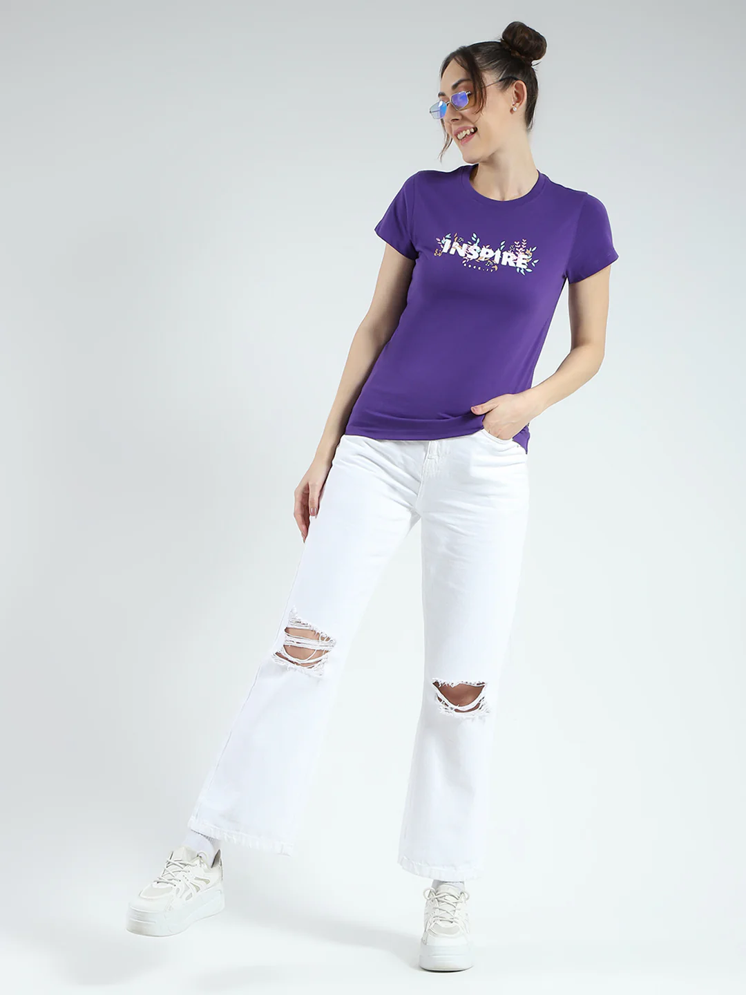 Rock.it Women Purple Printed Round Neck Half Sleeve Top - Image 2
