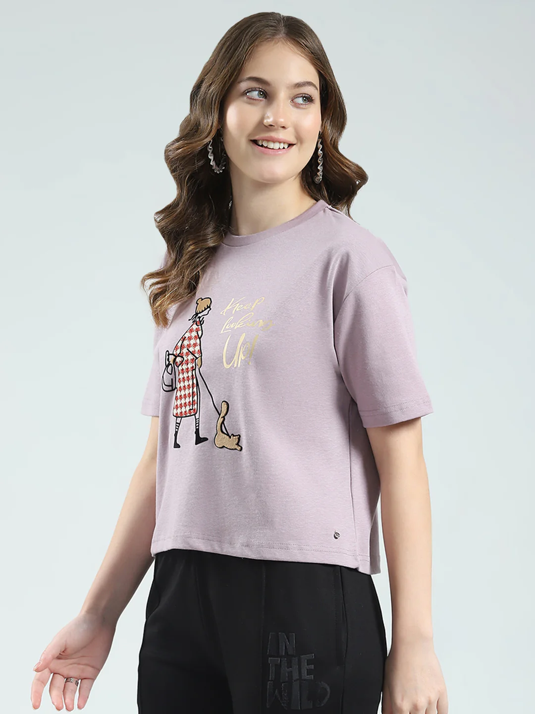 Women Purple Printed Round Neck Half Sleeve Top - Image 3