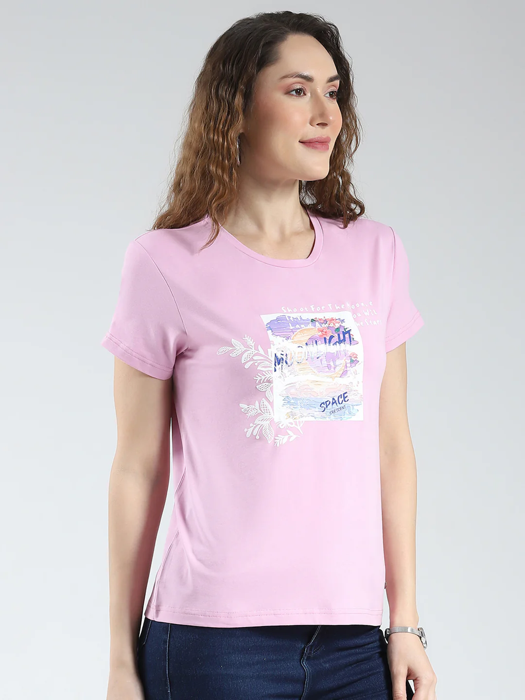 Women Purple Printed Round Neck Half Sleeve Top - Image 4