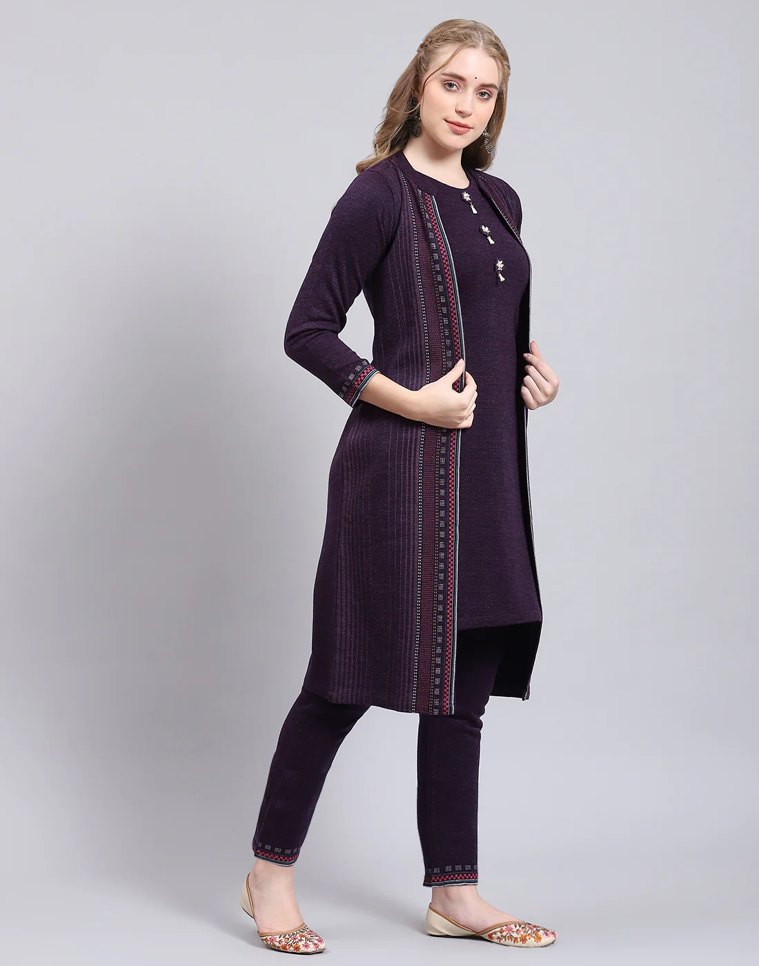 Women Purple Self Design Collar Full Sleeve Kurtis Set - Image 4