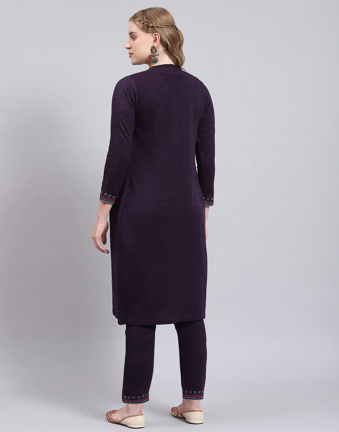 Women Purple Self Design Collar Full Sleeve Kurtis Set - Image 6