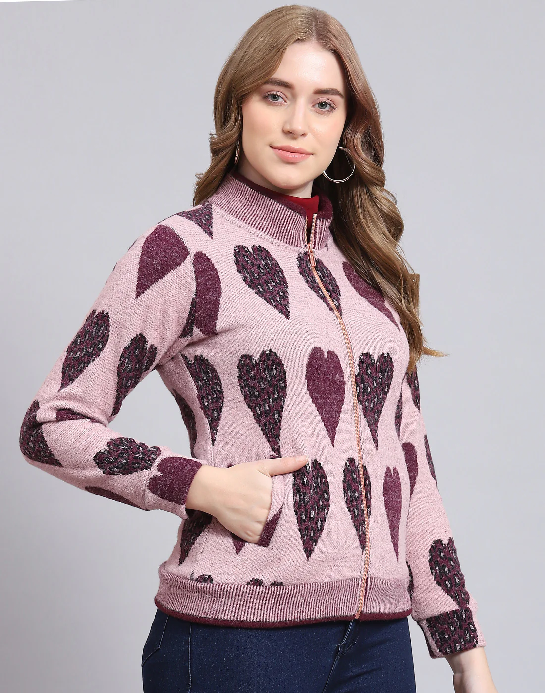 Women Purple Self Design F Neck Full Sleeve Sweatshirt - Image 4