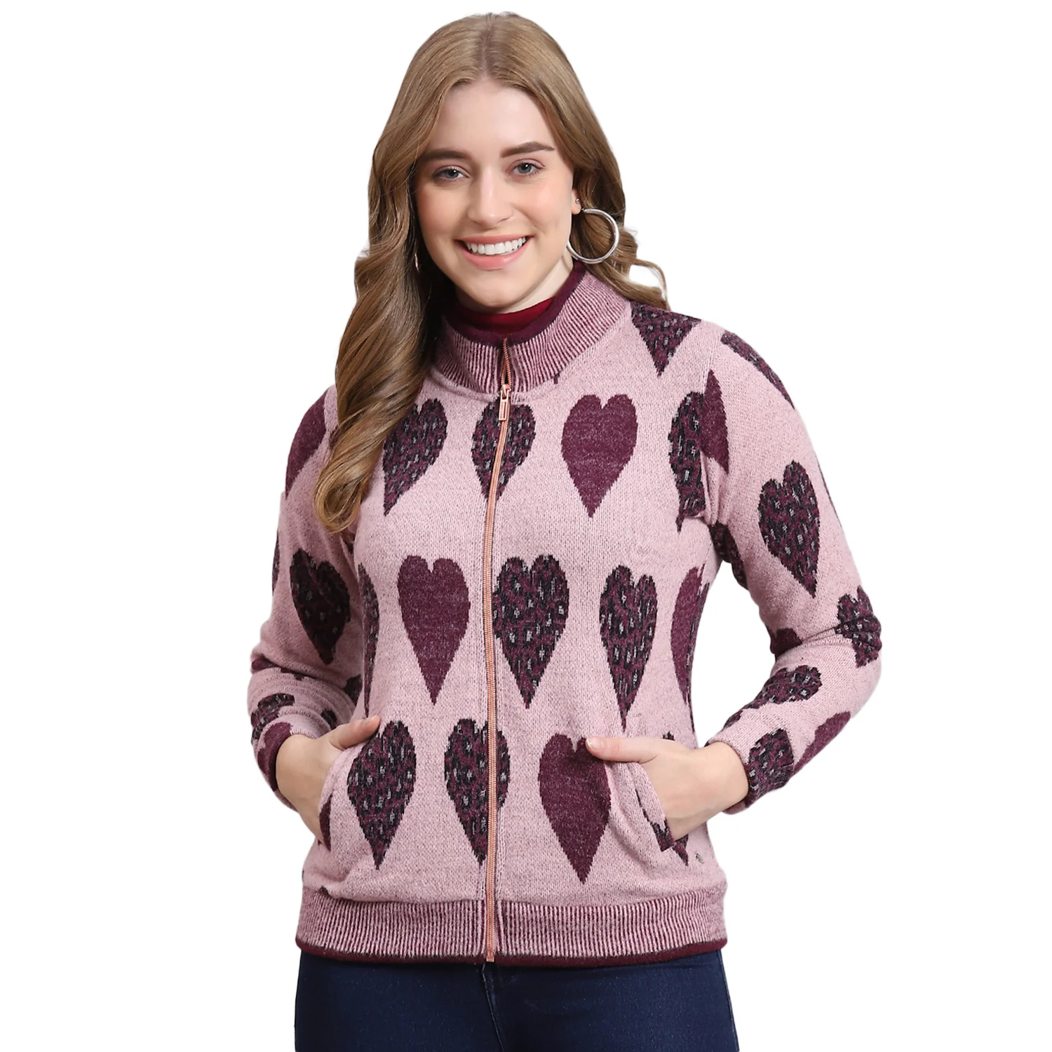 Women Purple Self Design F Neck Full Sleeve Sweatshirt - Image 5