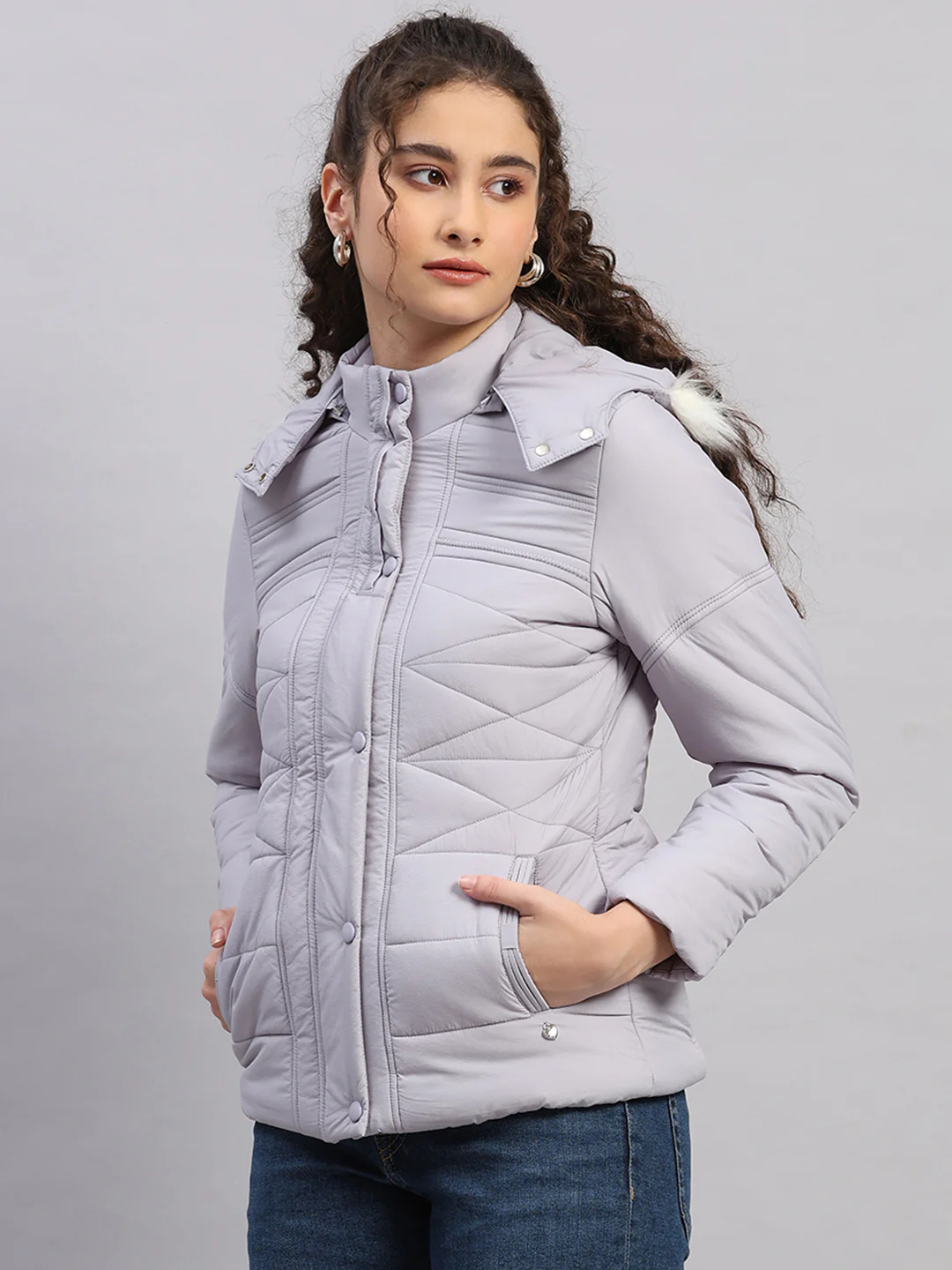Women Purple Self Design Hooded Full Sleeve Jacket - Image 3