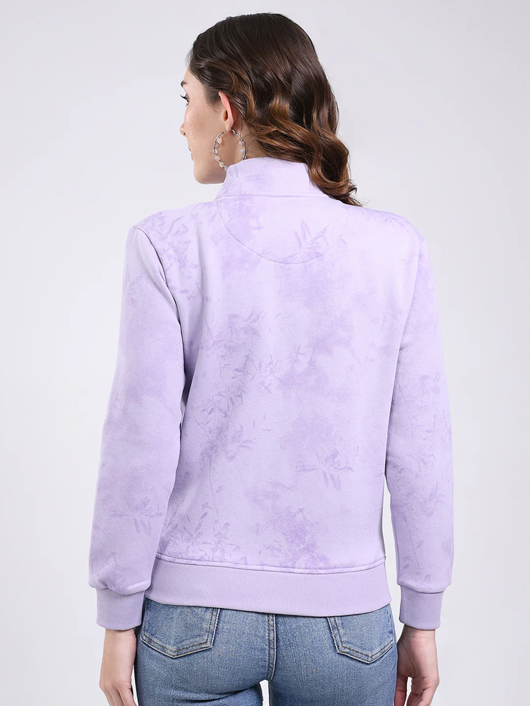 Women Purple Self Design Mock Neck Full Sleeve Sweatshirt - Image 5