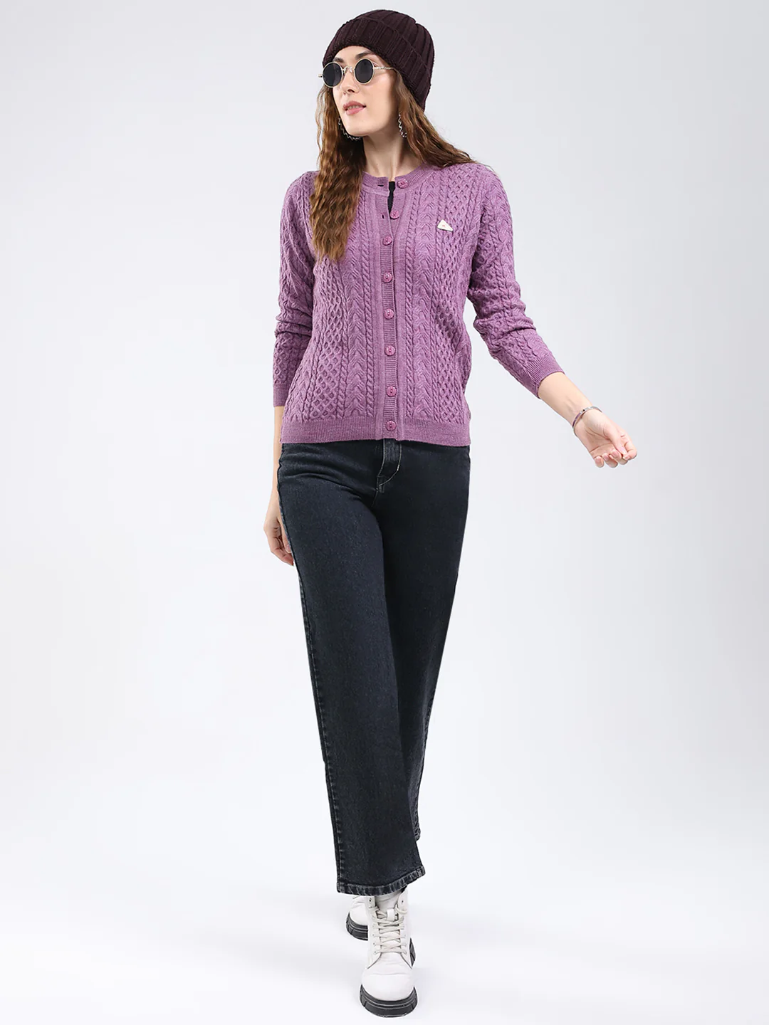 Women Purple Self Design Round Neck Full Sleeve Cardigan - Image 2