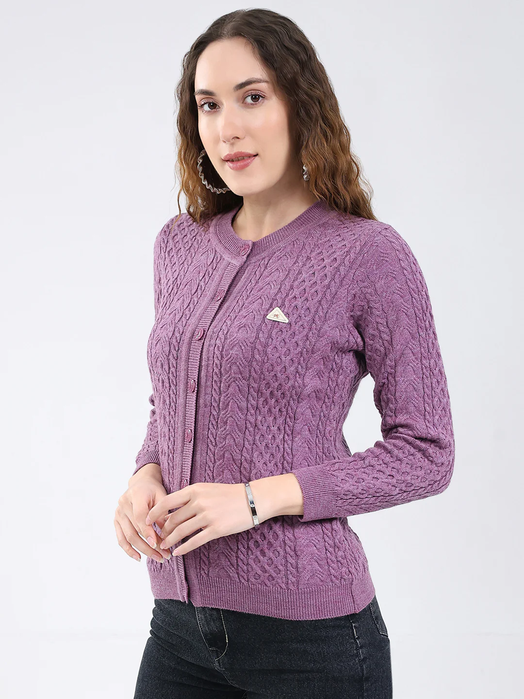 Women Purple Self Design Round Neck Full Sleeve Cardigan - Image 3