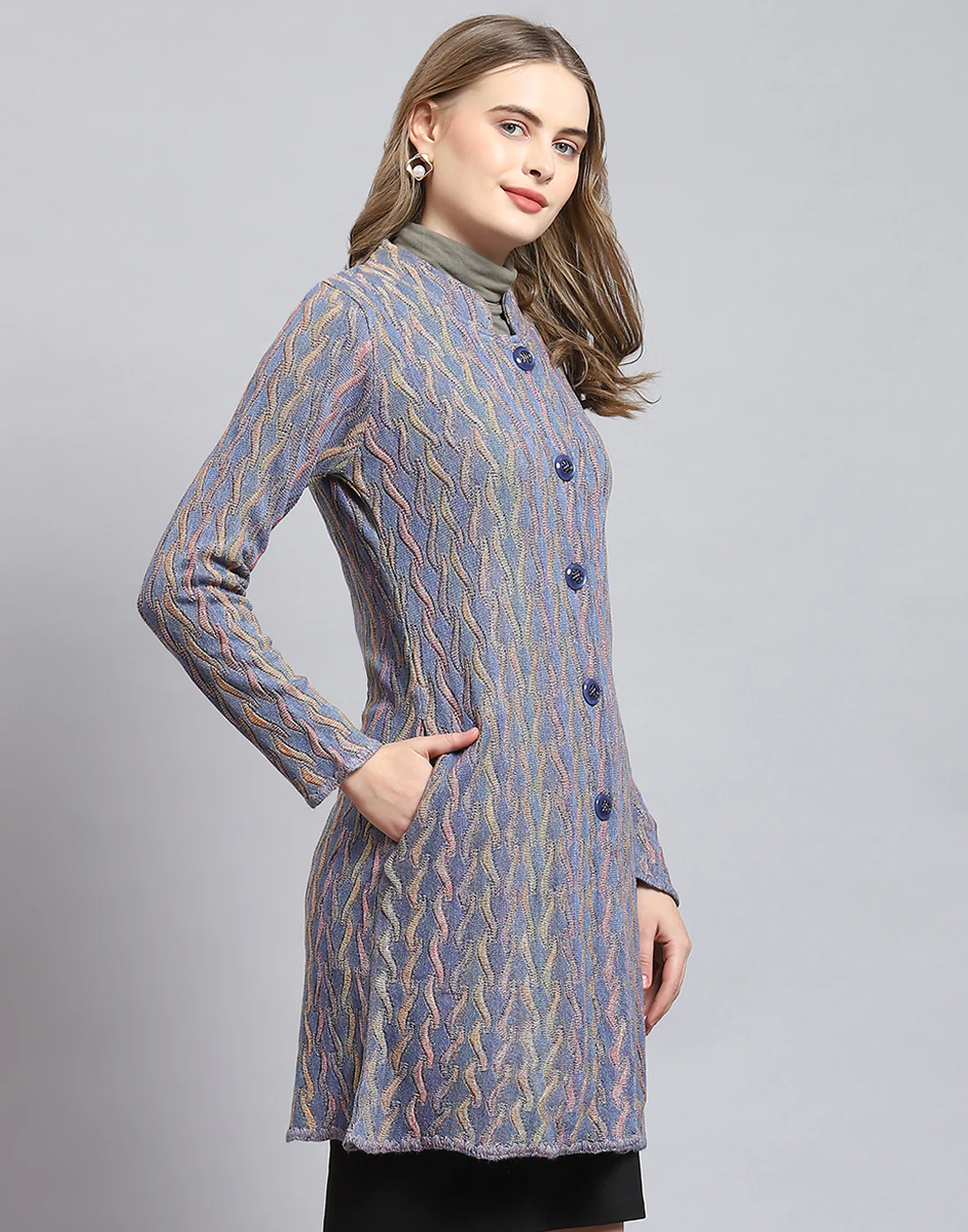 Women Purple Self Design Round Neck Full Sleeve Coat - Image 4