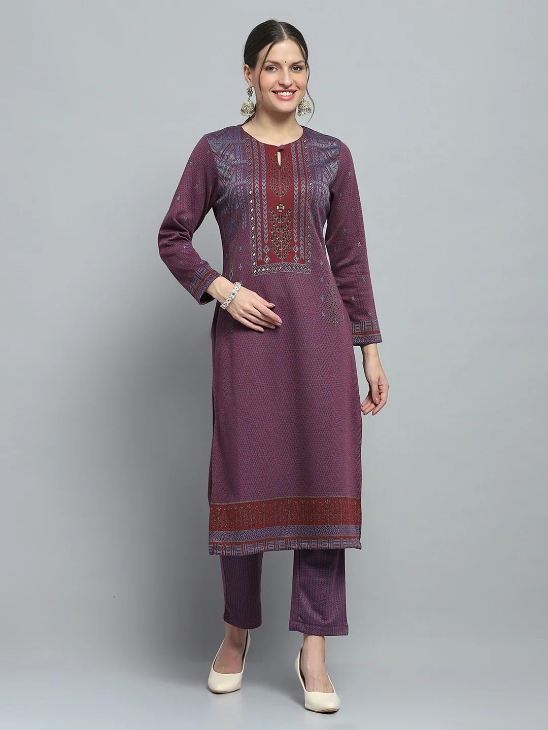 Women Purple Self Design Round Neck Full Sleeve Kurti Set for Winter - Image 3