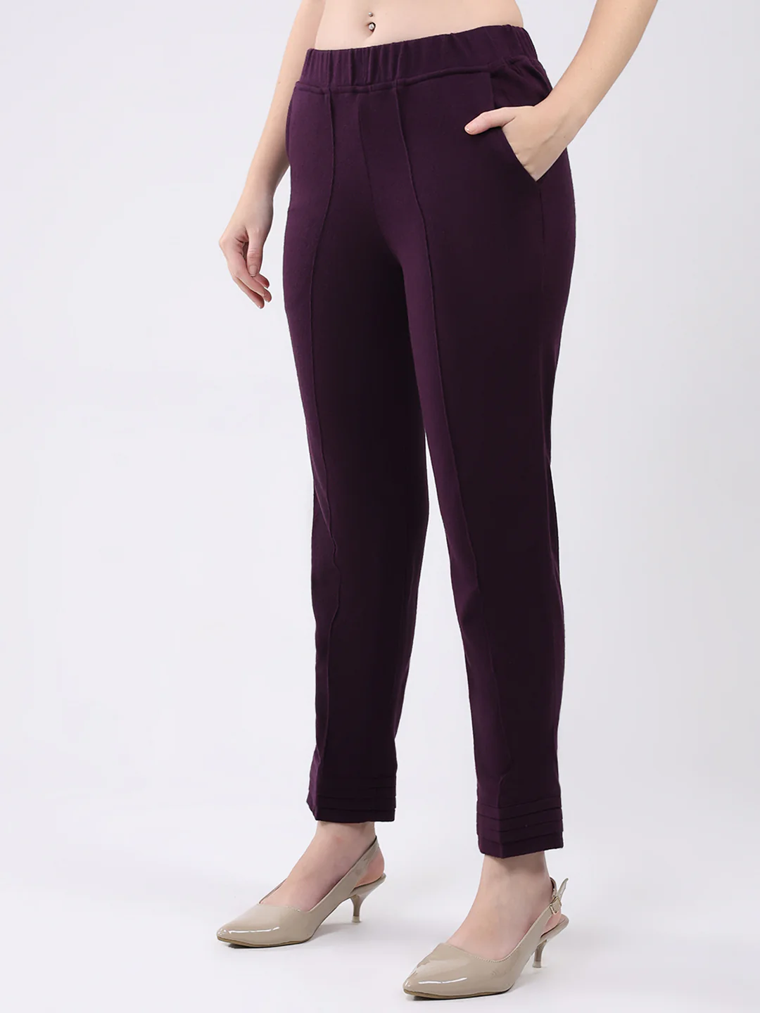 Women Purple Self Design Round Neck Full Sleeve Kurti Set for Winter - Image 7