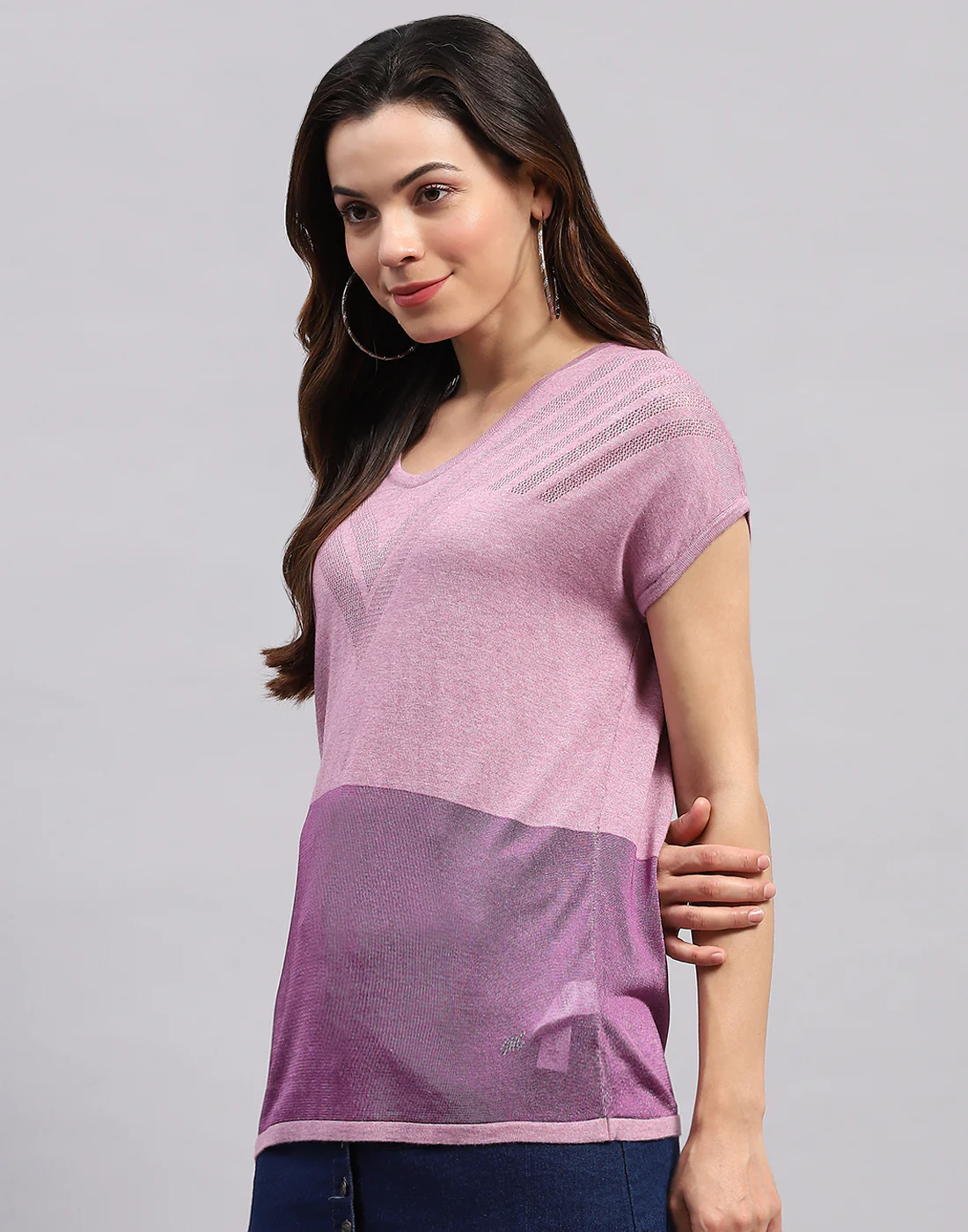 Women Purple Self Design Round Neck Half Sleeve Top - Image 4